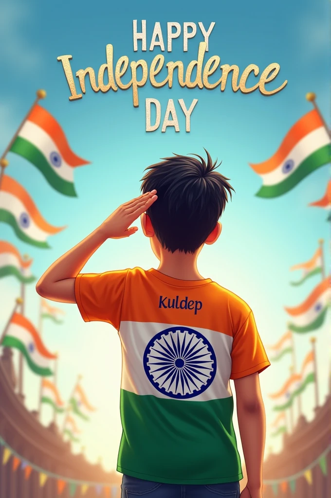 A young boy stands proudly under a clear blue sky, celebrating Independence Day on August 15th, 2024. He is wearing a vibrant tricolor T-shirt with his name "kuldep" printed on the back, along with a large image of the Ashoka Chakra. The sky above him features the words "Happy Independence Day 2024" in bold, festive letters. Indian flags are flying around him, and a sense of national pride fills the air as he salutes, symbolizing his love for the country.