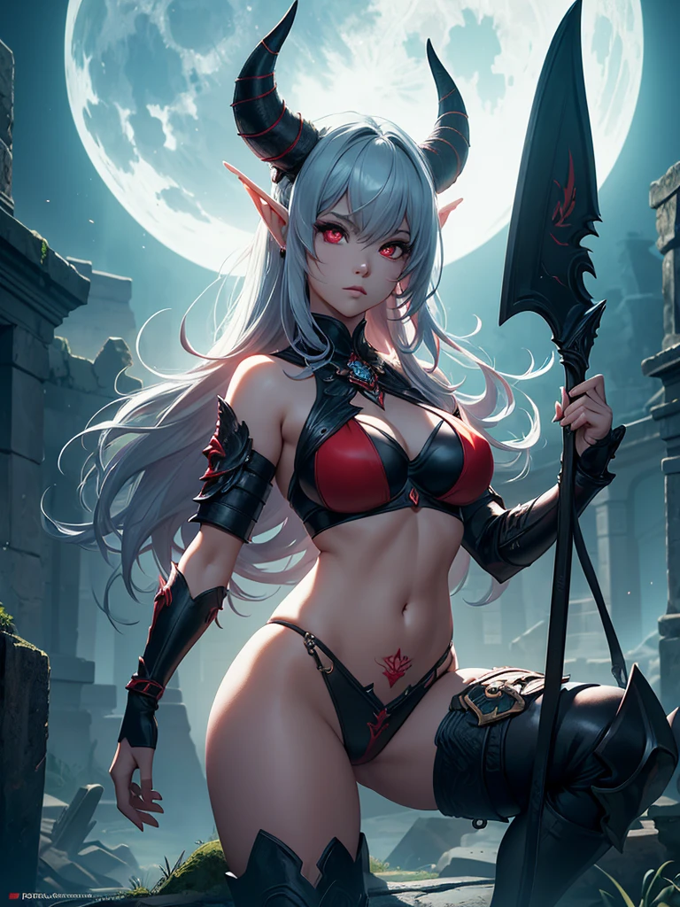 a beautiful busty Asian elf woman with ram horns, glowing eyes, and a long curling demon lizard tail, wearing a black and red bikini armor in ancient ruins at night under a full moon, black tattoo, boots, (best quality,4k,8k,highres,masterpiece:1.2),ultra-detailed,(realistic,photorealistic,photo-realistic:1.37),dark fantasy,cinematic lighting,dramatic atmosphere,vibrant colors,intricate details