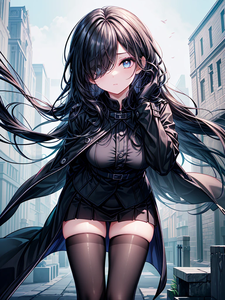 ((Oriental Project)),((masterpiece)),((leaning forward)),((Highest quality)),((Fascinating)),((alone)),((Deep blue pupils)),((Looking up at the night view from the top of the hill)),((Beautiful Blue Eyes)),((Wearing a black coat)),((Wearing a black mini skirt,She is wearing black tights under her skirt)),((Slim body)),((length, Shiny black hair)),((Her left eye is completely hidden by her bangs)),((Her hair is parted, and you can see her eyes through it)),((Wearing black gloves)),((hair over one eye,long hair)),((Ruthless)),((Complex background)),((Hair blowing in the wind))