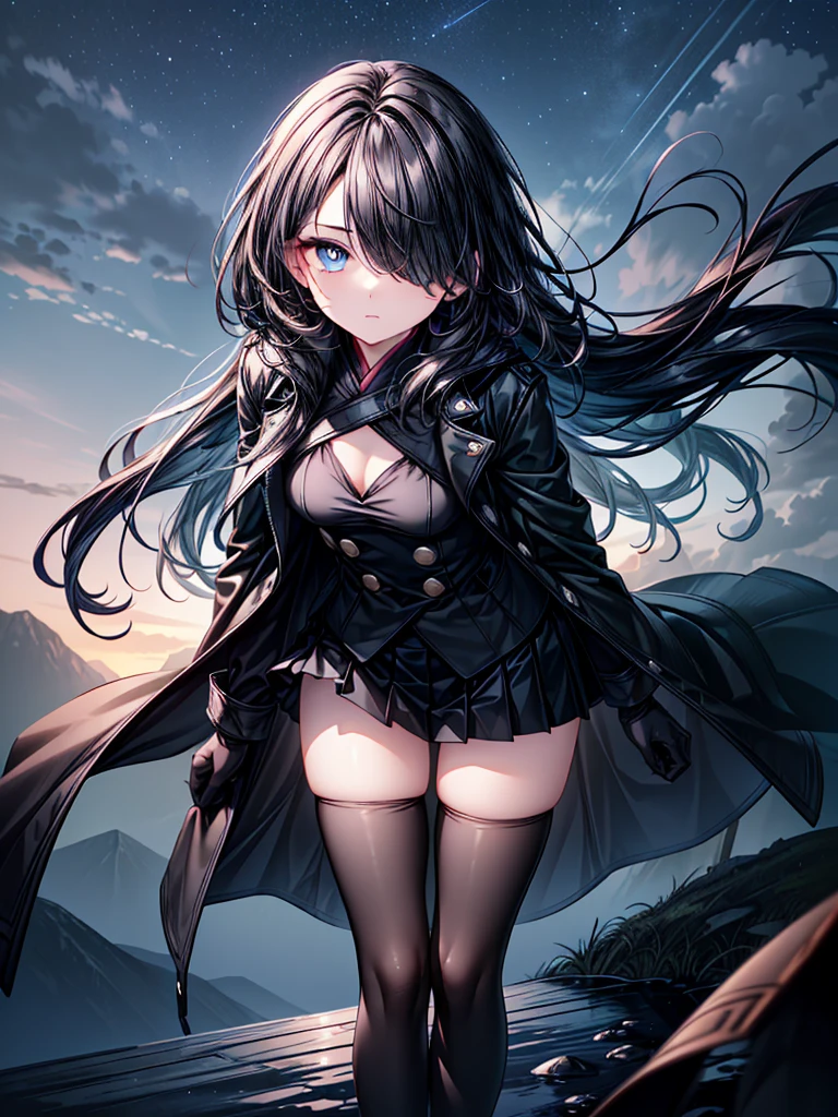 ((Oriental Project)),((masterpiece)),((leaning forward)),((Highest quality)),((Fascinating)),((alone)),((Deep blue pupils)),((Looking up at the night view from the top of the hill)),((Beautiful Blue Eyes)),((Wearing a black coat)),((Wearing a black mini skirt,She is wearing black tights under her skirt)),((Slim body)),((length, Shiny black hair)),((Her left eye is completely hidden by her bangs)),((Her hair is parted, and you can see her eyes through it)),((Wearing black gloves)),((hair over one eye,long hair)),((Ruthless)),((Complex background)),((Hair blowing in the wind))