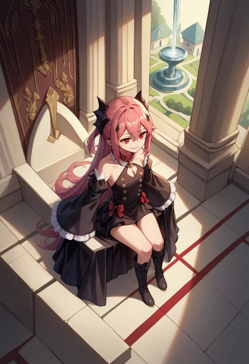 punctuation_9, punctuation_8_High above, fountain_アニメ, 1 girl, standing alone, KrulTepes, long hair, two side High above, hair ornament, highlighted collar, Red loop, black gown, bared shoulders, volantes, detached sleeves, thigh boots, Inside the house, sitting down, on the throne, Palace, pretentious smile,