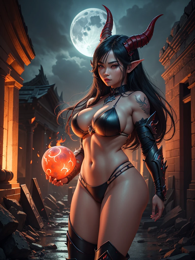 a beautiful busty Asian elf woman with ram horns, glowing eyes, and a demon tail, wearing a black and red bikini armor in ancient ruins at night under a full moon, black tattoo, boots, (best quality,4k,8k,highres,masterpiece:1.2),ultra-detailed,(realistic,photorealistic,photo-realistic:1.37),dark fantasy,cinematic lighting,dramatic atmosphere,vibrant colors,intricate details