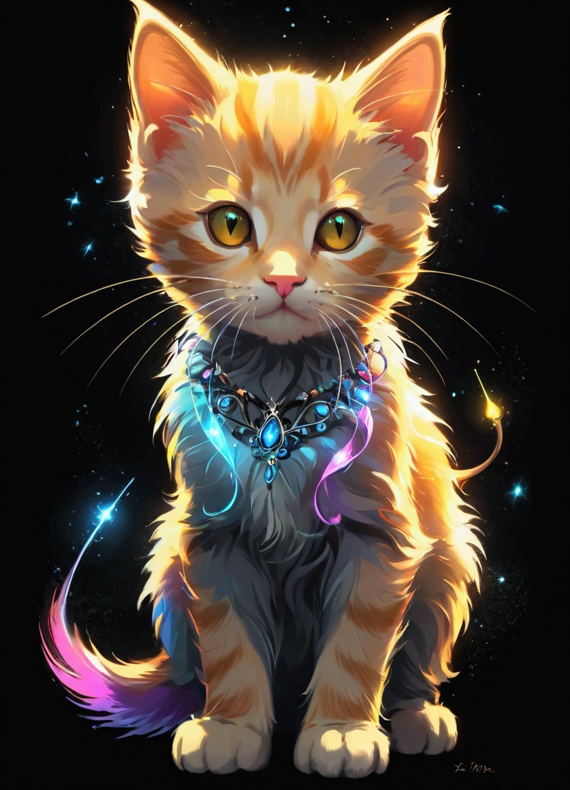 Drawing of a colorful kitten on a black background,, Stunning rendering, In a spoke connection, Inspired by Kinuko Y. Technology,, Magic Elements, Kitten Icon, Wow, is beautiful, Cast colorful magic, bright flash, flash