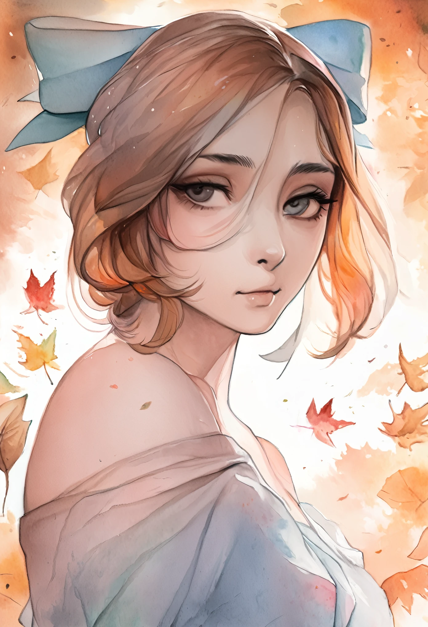 (8k, best quality, masterpiece:1.2),(best quality:1.0), (ultra highres:1.0), watercolor, a beautiful woman, shoulder, hair ribbons, by agnes cecile, half body portrait, extremely luminous bright design, pastel colors, (ink:1.3), autumn lights,
