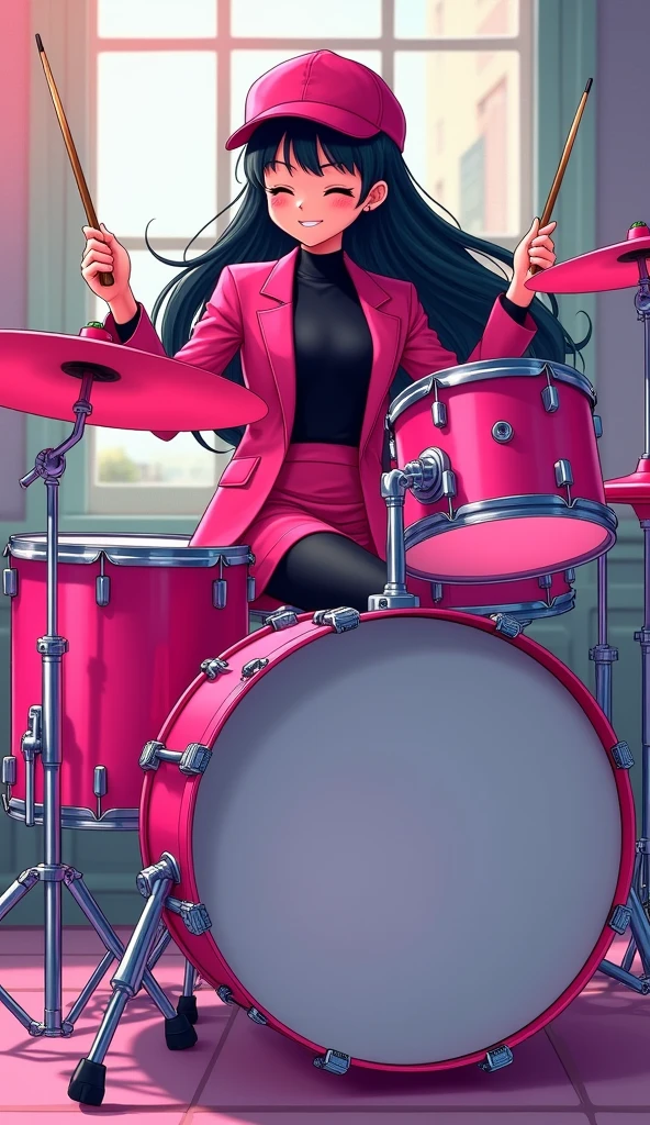 The girl, long black hairs, drum set
(The girl wear a pink suit, black shirt, pink cap, pink pencil skirt, black underpants, black tights, white socks, white sneakers high top)
Pink drum set, smiled, closed eyes, left foot kick to hi-hat pedal, right foot kick to bass drum pedal, music room, novel cartoon, 4K, HD