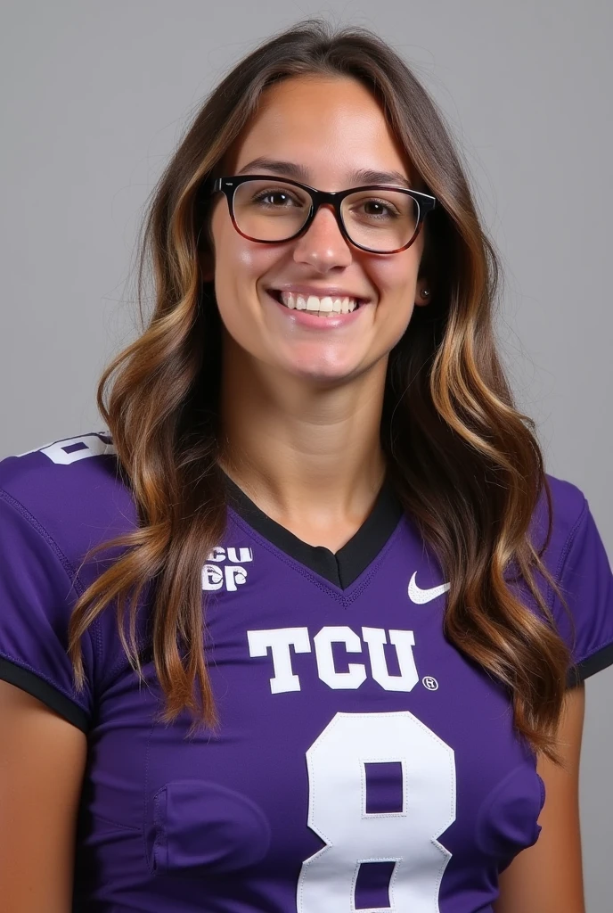 A photo of Emily Goldsmith, a quarterback for the female TCU Horned Frogs football team. Number 8. Brown wavy hair and glasses