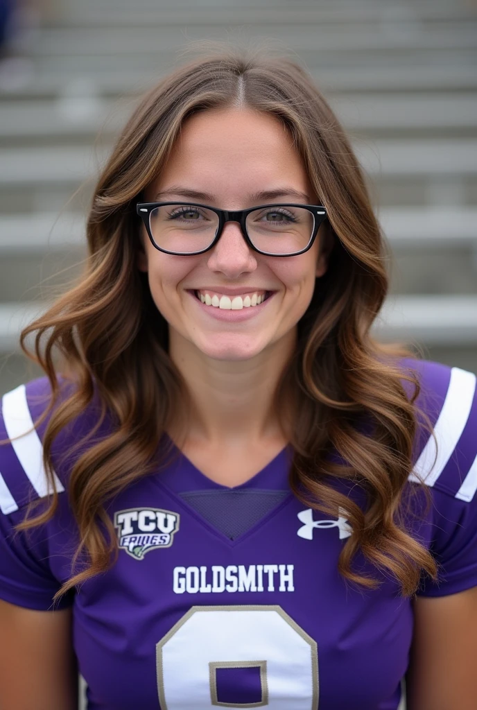 A photo of Emily Goldsmith, a quarterback for the female TCU Horned Frogs football team. Number 8. Brown wavy hair and glasses