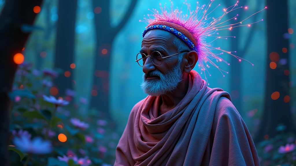 /Our India's great leader Mahatma Gandhi ji is walking in a forest and has the flag of India in his handportrait | wide mahatma gandhi shot of eyes off to one side of frame, lucid dream-like old man, looking off in distance ::8 style | daydreampunk with glowing skin and eyes, styled in headdress, she is dripping in neon lights, very colorful blue, green, purple, bioluminescent, glowing ::8 background | forest, vivid neon wonderland, particles, blue, green, purple ::7 parameters | rule of thirds, golden ratio, assymetric composition, hyper- maximalist, octane render, photorealism, cinematic realism, unreal engine, 8k ::7