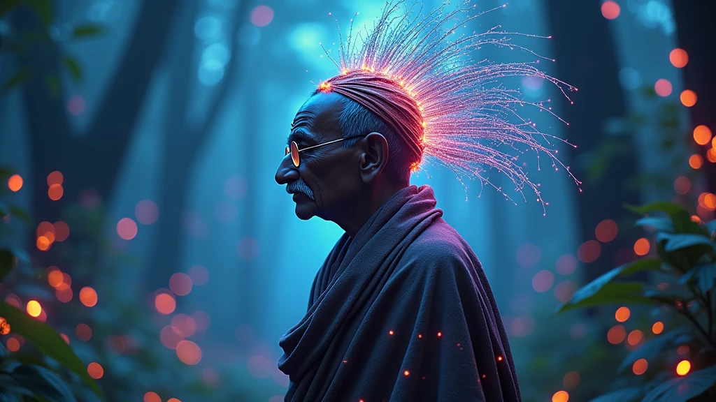 /Our India's great leader Mahatma Gandhi ji is walking in a forest and has the flag of India in his handportrait | wide mahatma gandhi shot of eyes off to one side of frame, lucid dream-like old man, looking off in distance ::8 style | daydreampunk with glowing skin and eyes, styled in headdress, she is dripping in neon lights, very colorful blue, green, purple, bioluminescent, glowing ::8 background | forest, vivid neon wonderland, particles, blue, green, purple ::7 parameters | rule of thirds, golden ratio, assymetric composition, hyper- maximalist, octane render, photorealism, cinematic realism, unreal engine, 8k ::7  