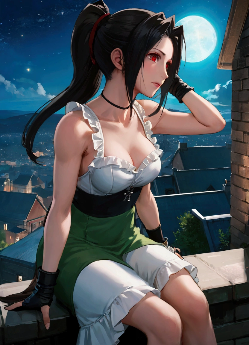 Tifa Lockhart, mksks-style, (Very detailed background:1.0), (Very detailed background:1.0), Final Fantasy VII Remake, (Red Eyes), 1 Girl, Bare shoulders, Aqua blue dress, Black Hair, Green Dress, sleeveless dress , Sundress, house, Long hair, night, night Sky, open mouth, outdoor, Ponytail, sit, Sky, sleeveless, sleeveless dress, Star (Sky), Starry Sky, town, senility, Small Breasts, ((White ruffles)), (White Dress),