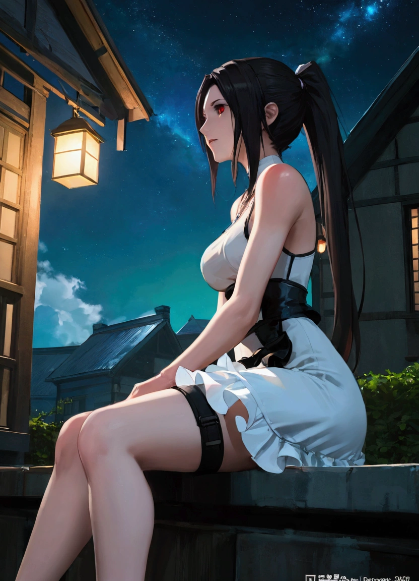 Tifa Lockhart, mksks-style, (Very detailed background:1.0), (Very detailed background:1.0), Final Fantasy VII Remake, (Red Eyes), 1 Girl, Bare shoulders, Aqua blue dress, Black Hair, Green Dress, sleeveless dress , Sundress, house, Long hair, night, night Sky, open mouth, outdoor, Ponytail, sit, Sky, sleeveless, sleeveless dress, Star (Sky), Starry Sky, town, senility, Small Breasts, ((White ruffles)), (White Dress),