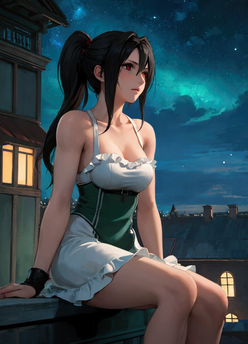 Tifa Lockhart, mksks-style, (Very detailed background:1.0), (Very detailed background:1.0), Final Fantasy VII Remake, (Red Eyes), 1 Girl, Bare shoulders, Aqua blue dress, Black Hair, Green Dress, sleeveless dress , Sundress, house, Long hair, night, night Sky, open mouth, outdoor, Ponytail, sit, Sky, sleeveless, sleeveless dress, Star (Sky), Starry Sky, town, senility, Small Breasts, ((White ruffles)), (White Dress), 