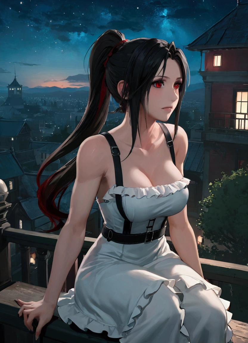 Tifa Lockhart, mksks-style, (Very detailed background:1.0), (Very detailed background:1.0), Final Fantasy VII Remake, (Red Eyes), 1 Girl, Bare shoulders, Aqua blue dress, Black Hair, Green Dress, sleeveless dress , Sundress, house, Long hair, night, night Sky, open mouth, outdoor, Ponytail, sit, Sky, sleeveless, sleeveless dress, Star (Sky), Starry Sky, town, senility, Small Breasts, ((White ruffles)), (White Dress),