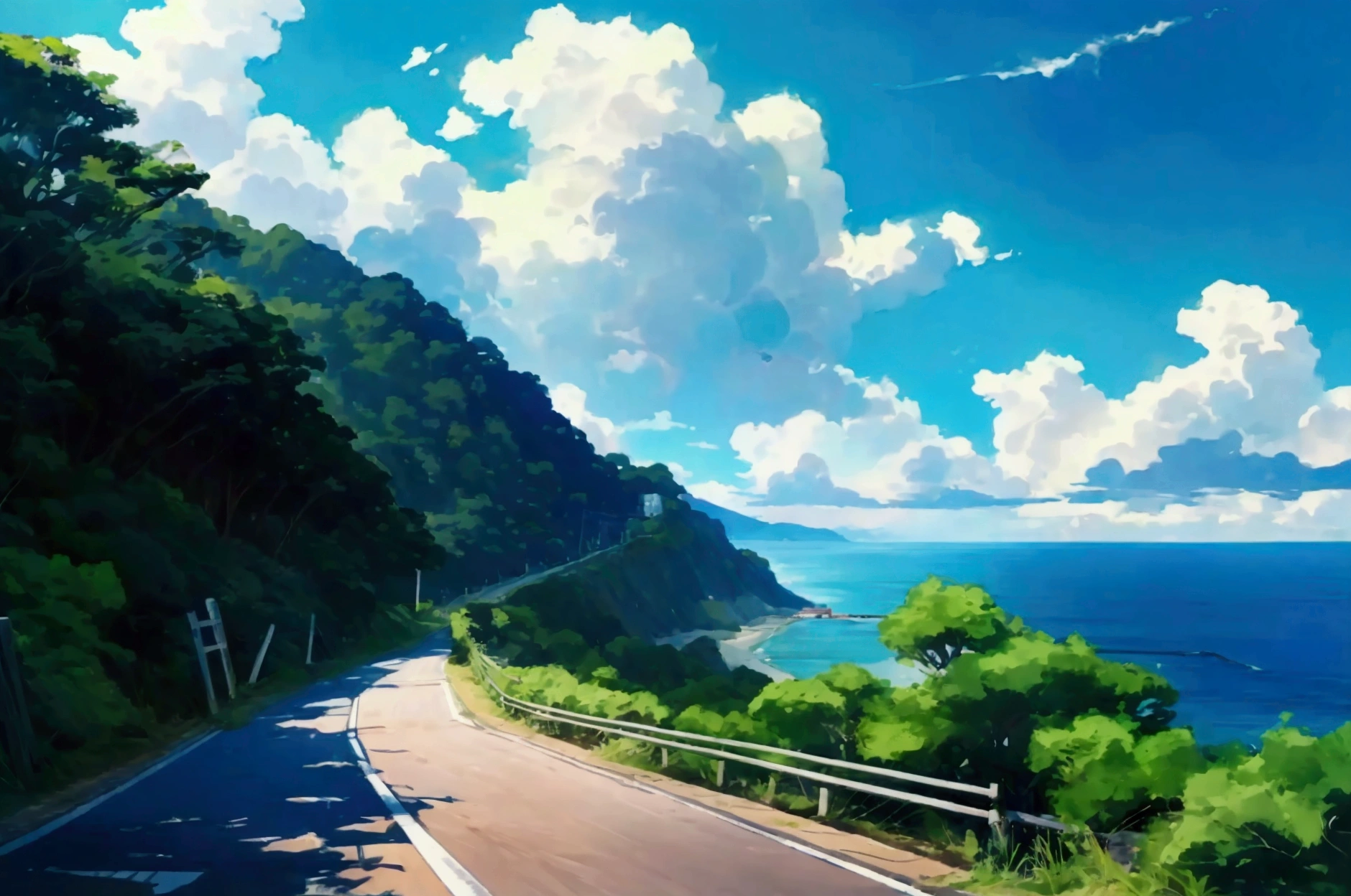 peaceful scene on a coastal road, probably in a rural Japanese setting Setting : A sloping road down to the sea, with a security fence and a hill covered with greenery, side view angle. ambiance : The sky is clear and the ocean is a deep blue, creating a serene and summery atmosphere. without characters