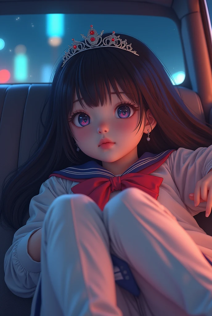 SFW, ((Closeup from Ass to Face)) ExtremelyDetailed (SchoolGirl Lying on back) Spread Legs Up, perfect face, PrincesTiara, (Delicate Clothing textures) SailorUniform with RedRibbon (((WhitePanties))), correct anatomy, perfect hand (4 fingers and one thumb), Corrected Childish fingers, corrected leg to foot line, Car Interior, ((Starry Colorful Lights at Dusk)), (Hidden Arm) Hidden Feet, (TopQuality 8K Ultra-detailed)(masterpiece:1.2)(ProfessionalPhoto:1.37)(Acutance:0.8)