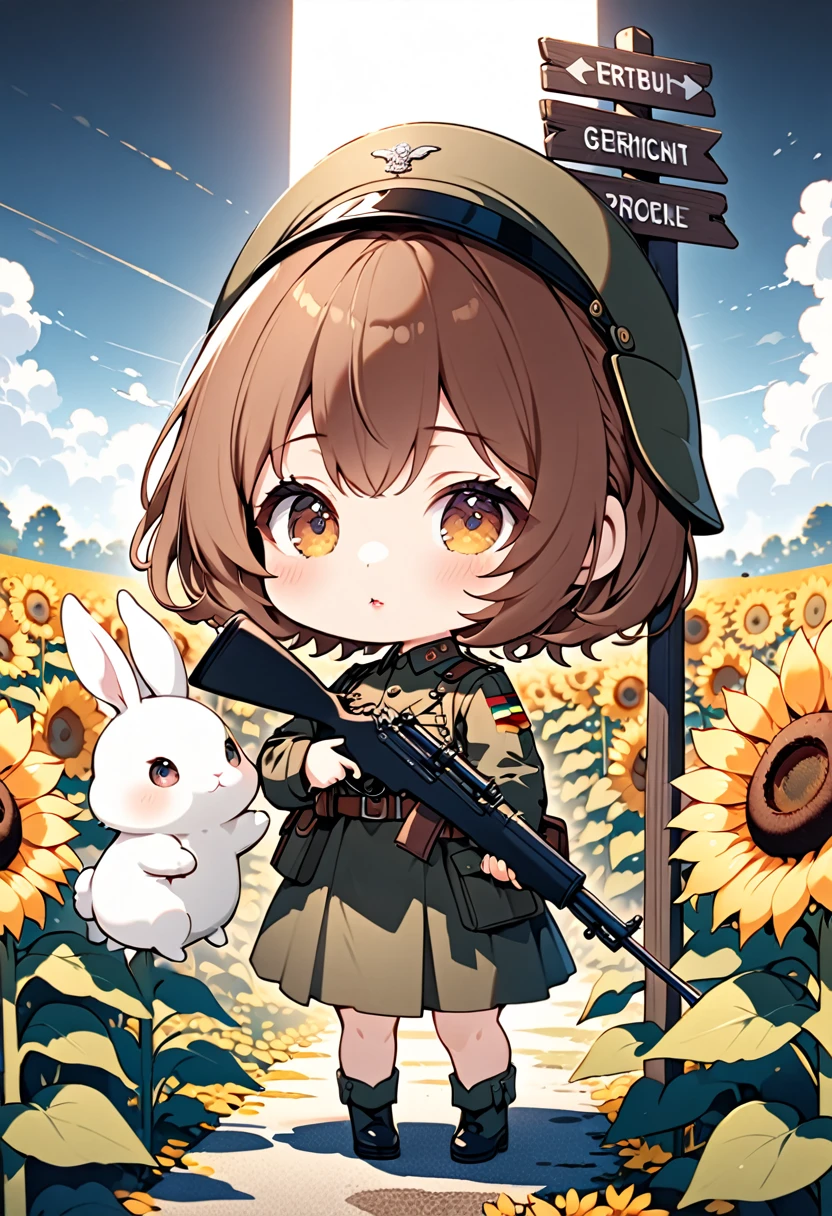 (Super Chibi Style Girl:1.3), messy brown hair, beautiful detailed eyes, beautiful detailed lips, extremely detailed face and features, wearing an old German military helmet and uniform, holding a detailed rifle, A perfect depiction of the rifle model,standing in a sunflower field, looking at a tall signpost at a crossroads, The girl is looking at the signpost,A white rabbit is looking at a signpost with a girl, Side shot,highly detailed, masterpiece, best quality, 4k, 8k, ultra-fine painting, CG animation illustration, vivid colors, dramatic lighting, cinematic composition