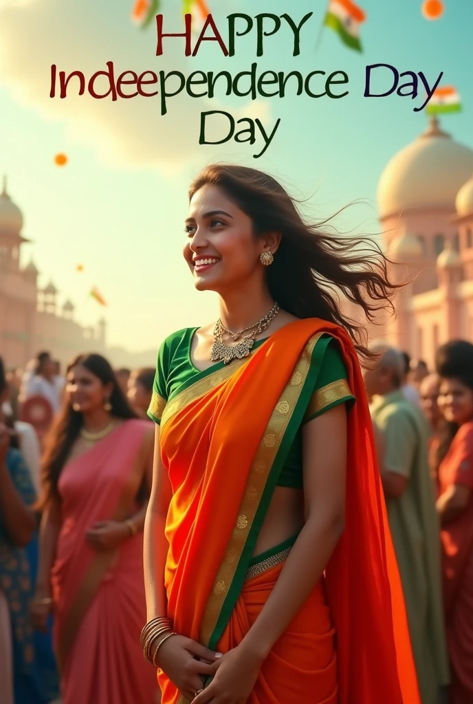 A real 25-year-old women joyfully celebrates Indian Independence Day. she is wearing traditional Indian saree, in the sky, the words "Happy Independence Day" are displayed in a bold font. The backdrop is filled with people celebrating, enhancing the festive and patriotic spirit of the day.make sure text should be correct.