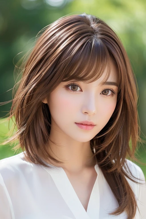 High-quality, ultra-realistic portraits。(She has a long face、It has a long vertical profile)。((The eyes are round at the corners、The corners of the eyes are long and narrow.、The nose is high and well-defined.、The tip is rounded。The lips are sharp both above and below.、The mountain has a clear shape))。The skin is transparent、Has a healthy glow。((Medium Hair、Brown Hair:1.6))。Makeup is natural、Thinly applied to enhance the skin's natural beauty。The lighting is soft and natural.、Accentuating facial features、Does not emphasize shadows。The background is simple and has a blurred gradient.、Focus on the face。