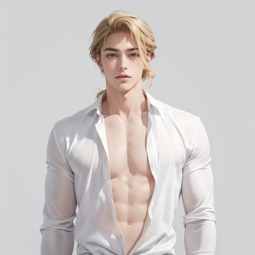 Soothing tones,Soft colors,A 23-year-old European and American model,(Shut up:1.5),(Hair sticking to scalp:1.5),Golden brown slightly curly shoulder-length hair,Ponytail hairstyle,Middle parting hairstyle,Edward Furlan,blond,With a melancholy expression,Blonde curly hair,male,White background,High Detail,male焦点,Abdominal muscles,Chest muscles,White shirt,Looking at the audience,