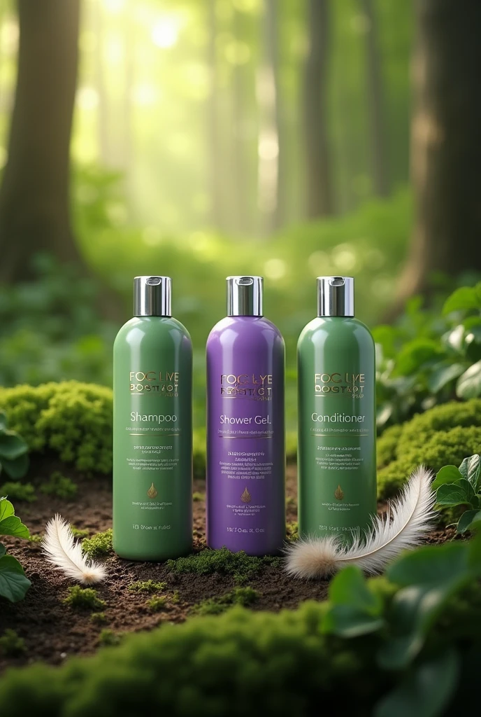 Setting: A serene, natural forest with lush greenery, feathers, and tree leaves.
Products: Three tubular bottles (shampoo, shower gel, conditioner) with a green and purple color and silver/golden text.
Details: The bottles should have a cap the same size as the bottle and reflect natural, body-friendly, moisturizing, and nourishing qualities.