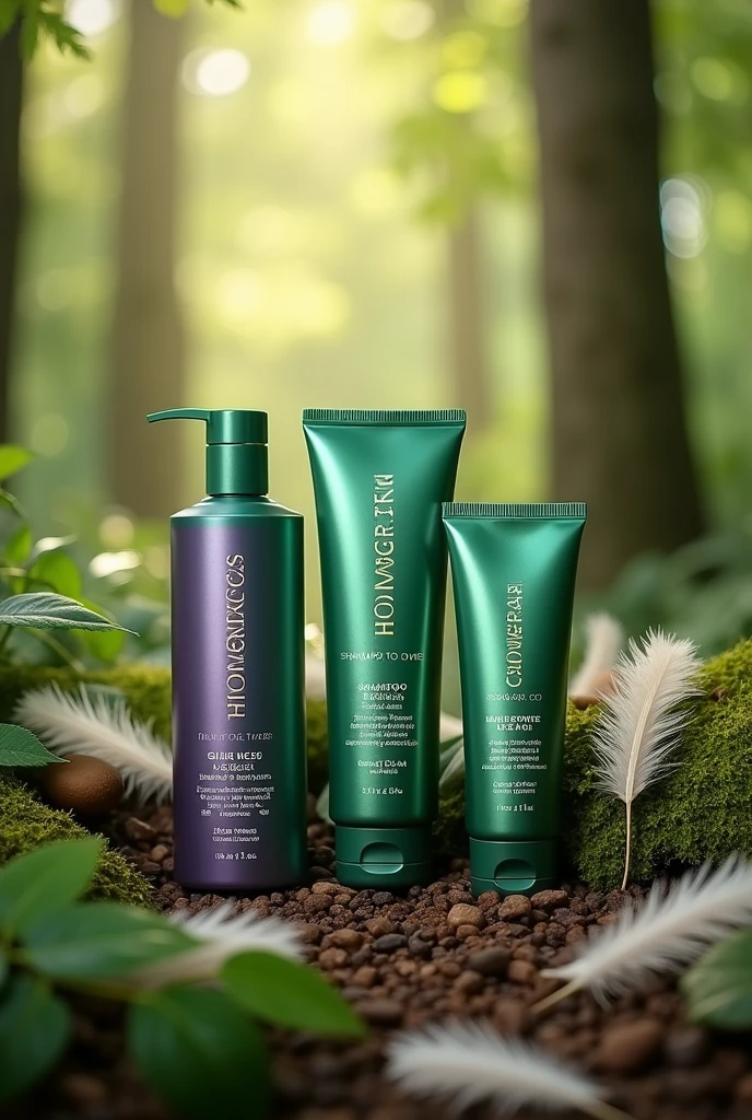 Setting: A serene, natural forest with lush greenery, feathers, and tree leaves.
Products: Three tubular bottles (shampoo, shower gel, conditioner) with a green and purple color and silver/golden text.
Details: The bottles should have a cap the same size as the bottle and reflect natural, body-friendly, moisturizing, and nourishing qualities.