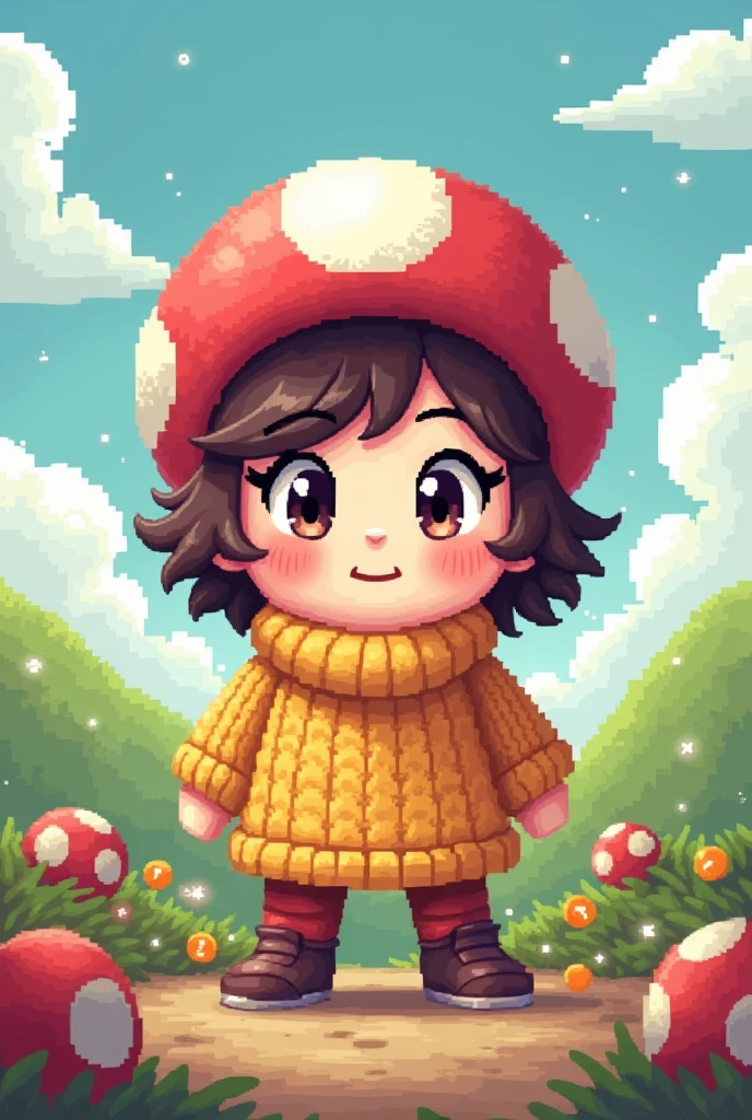 Draw a girl with a sweater and a hat in pixel style mario bros arr