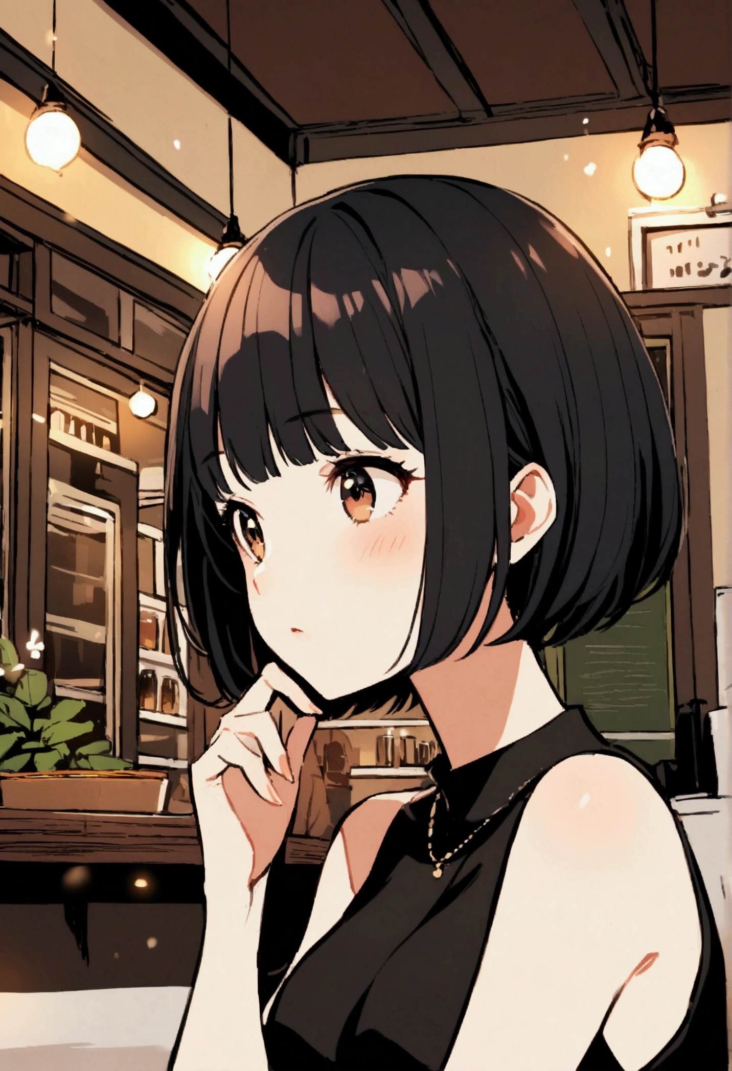 slender,a young girl,pixie cut,black hair,Cafe,Talking to friends