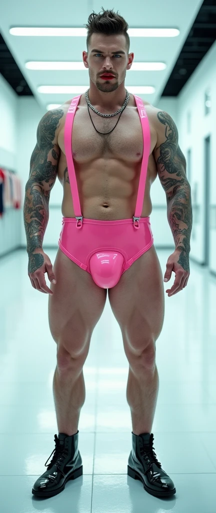 Fullbody standing picture of white skin Handsome muscular horny nude sexy gay man wearing sexy shiny pink latex harness, shiny black Disconnected Pompadour oiled hair style, blue eyes, shiny varnished vinyl shoes, red lip, chain, tattoos, horny, cum shot, sperm, milking penis, very big penis, very big testicle, shiny oiled skin, orgasm, oversexed, masturbation, standing at white lighting show room.