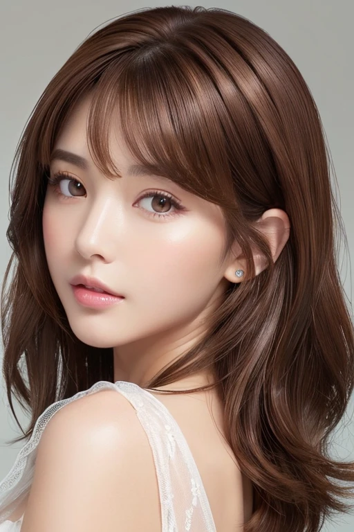 High-quality, ultra-realistic portraits。(She has a long face、It has a long vertical profile)。((The eyes are round at the corners、The corners of the eyes are long and narrow.、The nose is high and well-defined.、The tip is rounded。The lips are sharp both above and below.、The mountain has a clear shape))。The skin is transparent、Has a healthy glow。((Medium Hair、Brown Hair:1.6))。Makeup is natural、Thinly applied to enhance the skin's natural beauty。The lighting is soft and natural.、Accentuating facial features、Does not emphasize shadows。The background is simple and has a blurred gradient.、Focus on the face。