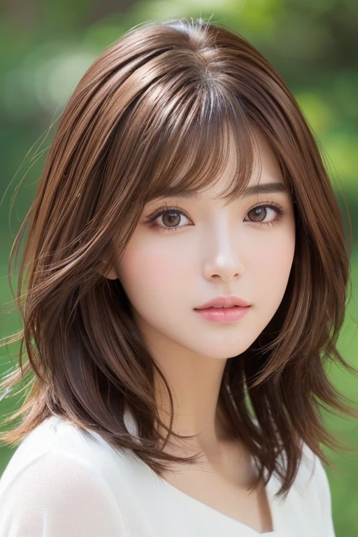 High-quality, ultra-realistic portraits。(She has a long face、It has a long vertical profile)。((The eyes are round at the corners、The corners of the eyes are long and narrow.、The nose is high and well-defined.、The tip is rounded。The lips are sharp both above and below.、The mountain has a clear shape))。The skin is transparent、Has a healthy glow。((Medium Hair、Brown Hair:1.6))。Makeup is natural、Thinly applied to enhance the skin's natural beauty。The lighting is soft and natural.、Accentuating facial features、Does not emphasize shadows。The background is simple and has a blurred gradient.、Focus on the face。