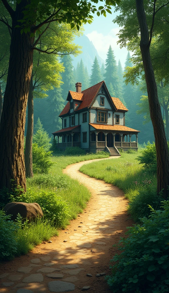 A winding pathway leading into a dense forest or toward an old, rustic house, symbolizing the unknown adventures waiting for Mia and Max.8k,vibrant,realistic 