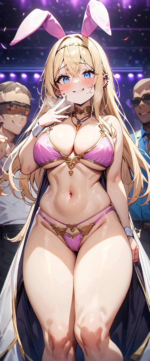 Being fondled by a group of black people,Young Girls,1 girl,Super delicate skin,Radiant Skin,Moist oily skin, devil smile,大的Chest,Chest,Fellatio Gesture,gesture,Show your thighs,Vibrant colors,masterpiece,best quality,Extremely detailed,high resolution,Nightclub,Look at the audience,,((masterpiece、best quality、Very detailed)、((A girl))、blond,Dark skinned hottie,Tattoo,Pink Dancer Lingerie,nun,Wearing a gold necklace on her head,Reverse Bunny Girl,Cover your mouth with gauze、blue eyes、((There are many piercings))、((大Chest))、Cowboy shooting、Shot from below、Purple light strip,((best quality)), ((masterpiece)), (detailed), (character focus、Chest焦点,whole body), Thick Legs,Long hair,curls,Thick thighs,Large Breasts,露出半下Chest,Fascinating three-dimensional,Fascinating three-dimensional,Fascinating three-dimensional,whole body湿透,Shortness of breath,Bright Pink