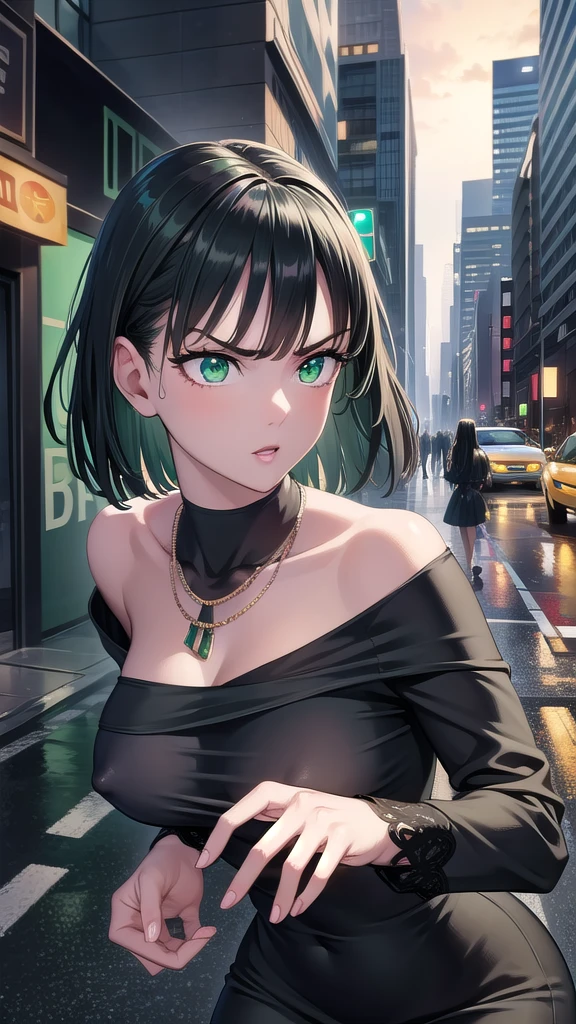 BREAK (masterpiece:1.2), best quality, high resolution, unity 8k wallpaper, (illustration:0.8), (beautiful detailed eyes:1.6), extremely detailed face, perfect lighting, extremely detailed CG, (perfect hands, perfect anatomy),city,street,wet road,reflections, buildings,night,fubuki, black hair, (green eyes:1.5), short hair,black dress, dress, fur coat, high collar, jewelry, necklace, off shoulder, taut clothes, taut dress, pantyhose,angry face, neckline,cleavege,upper body,bend over,nipples see through.