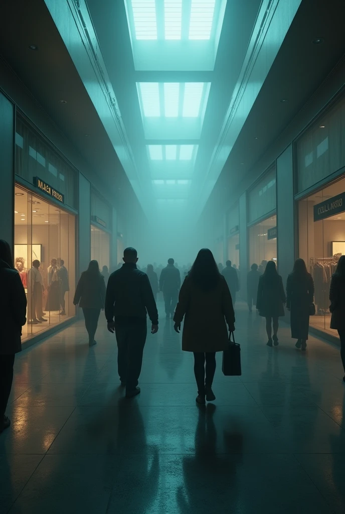 A horror shoping mall with luxury brands,and dark horror ambience with people in it and Fog