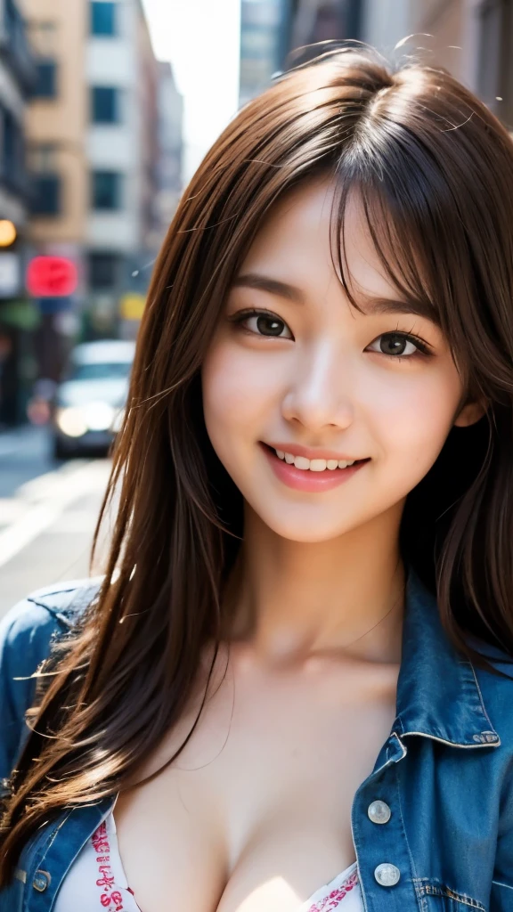 a beautiful young female college student, smiling, in an urban setting, wearing cute casual clothes, with a perfect body and fingers, professional lighting, gravure photoshot, extremely detailed face and skin texture, fine grain, RAW photo