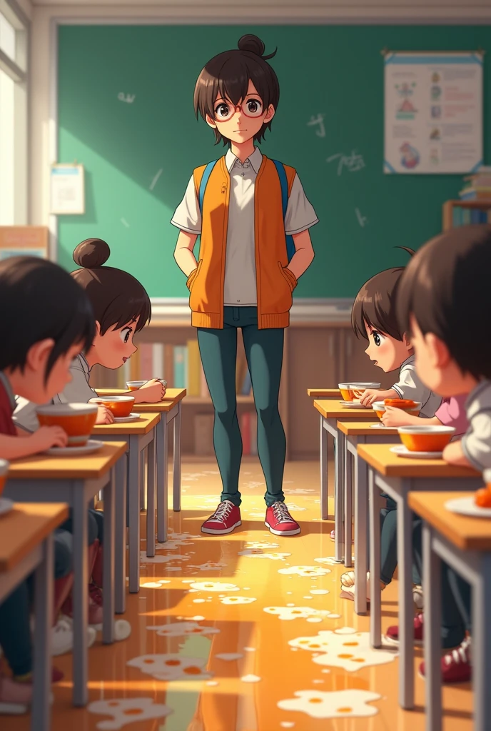 The teacher came and saw the students spilling clear soup.