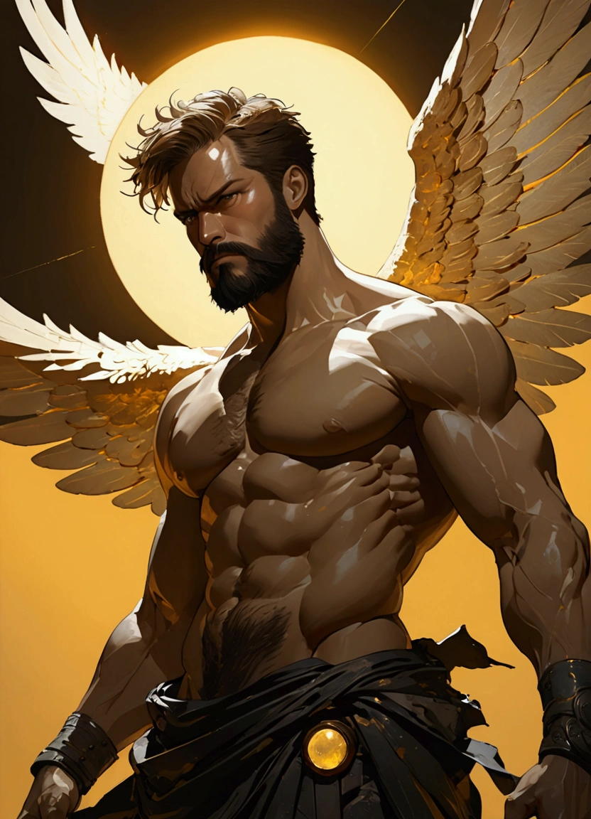 masterpiece, (best quality:1.2),(Ashley Wood Style:1.2),(Nick Vicesi Style:0.6), (Clear focus:1.2),Male angel, Wings spread, muscular, beard, Textured Skin, Death Stare, Solar eclipse background, Simple golden background, Movie Lighting, glare, Photon Mapping, 