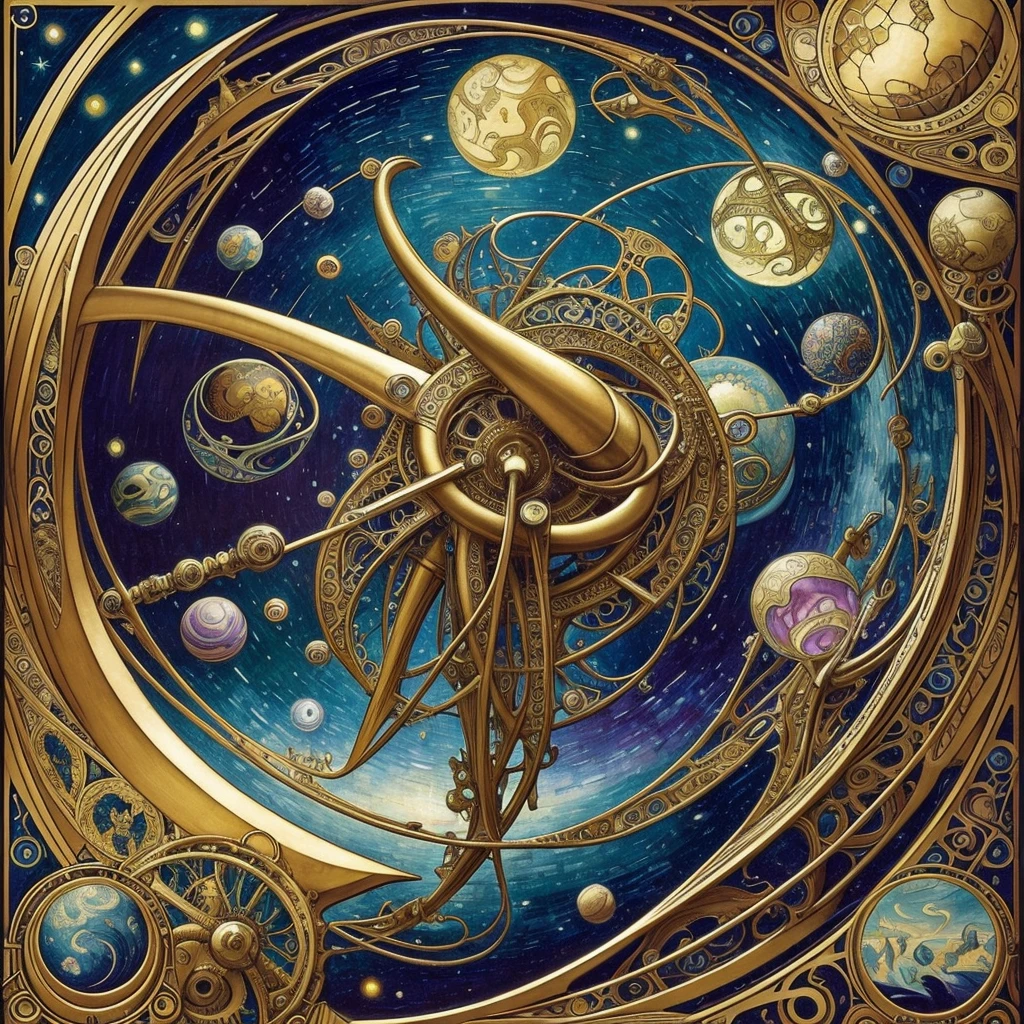 high quality, highly detailed, Imagine a dreamlike scene blending the swirling cosmic colors of Vincent van Gogh's Starry Night with the surreal celestial precision of Salvador Dalí. In this cosmic dance, celestial bodies echo Turner's atmospheric touch, blurring the line between reality and fantasy, In the foreground, a fantastical creature takes center stage, blending the whimsy of Hieronymus Bosch's beings with the organic flow of Alphonse Mucha's art nouveau lines. Elements of H.R. Giger's biomechanical aesthetic add an otherworldly touch, by yukisakura, awesome full color,
