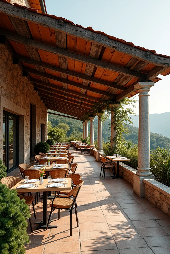 You create for me the terrace of the Italian restaurant, remember it's made of concrete, Hardwood roof and clay tiles, I want something ecological