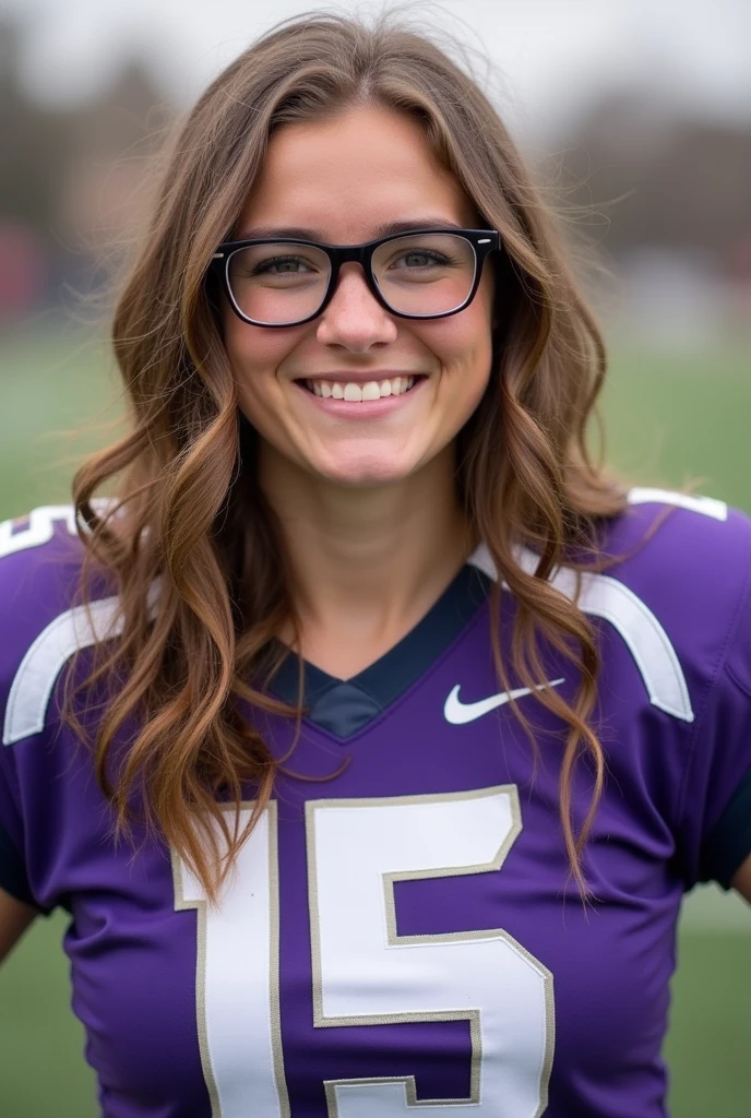 A photo of Emily Goldsmith, a kicker for the female TCU Horned Frogs football team. Number 8. Brown wavy hair and glasses