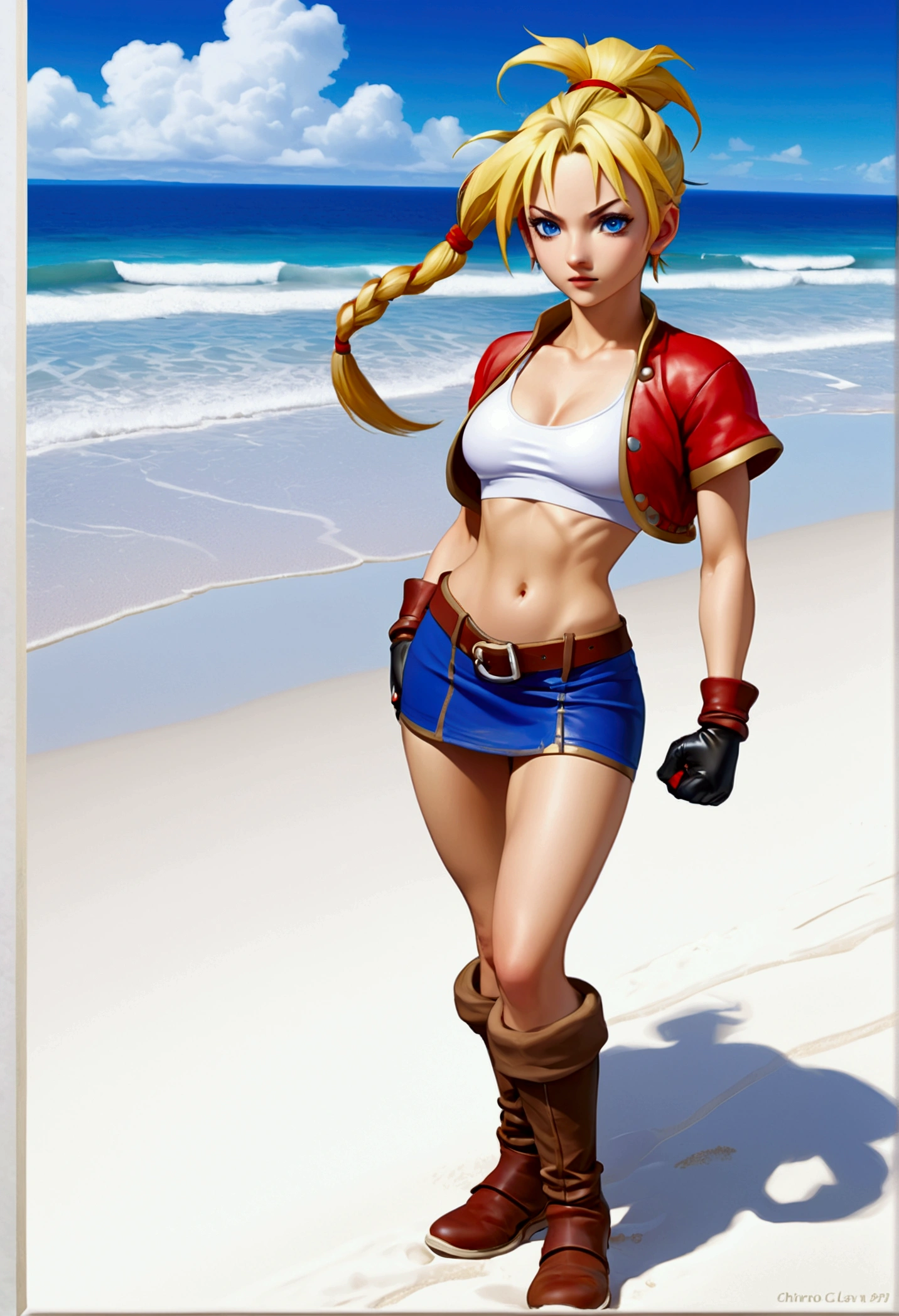 (promotional art), (Whole body view), (Kid from Chrono Cross), yellow hair in high ponytail braid, sapphire blue eyes, very slender toned frame, medium/large bust, pale white skin, (pair of white claw marks on both inner thighs;1.3), (strong glutes), fierce expression, BREAK: (tight red micro skirt with very high front slit), high cropped red jacket with short sleeves, skin tight white sports bra under jacket, (tight white sports bra:1.25), loose brown leather ankle boots, BREAK: 1/4 walking pose, on a white sand beach, ocean spray shooting up behind her