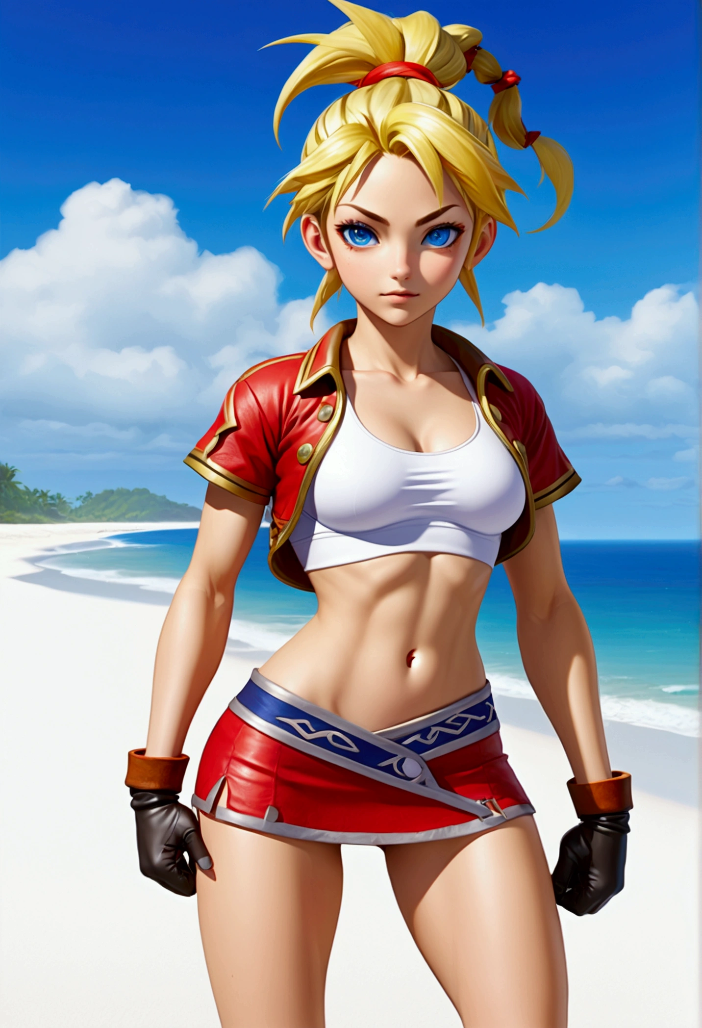 (promotional art), (Whole body view), (Kid from Chrono Cross), yellow hair in high ponytail braid, sapphire blue eyes, very slender toned frame, medium/large bust, pale white skin, (pair of white claw marks on both inner thighs;1.3), (strong glutes), fierce expression, BREAK: (tight red micro skirt with very high front slit), high cropped red jacket with short sleeves, skin tight white sports bra under jacket, (tight white sports bra:1.25), loose brown leather ankle boots, BREAK: 1/4 walking pose, on a white sand beach, ocean spray shooting up behind her