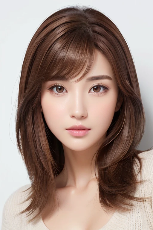 High-quality, ultra-realistic portraits。(She has a long face、It has a long vertical profile)。((The eyes are round at the corners、The corners of the eyes are long and narrow.、The nose is high and well-defined.、The tip is rounded。The lips are sharp both above and below.、The mountain has a clear shape))。The skin is transparent、Has a healthy glow。((Medium Hair、Brown Hair:1.6))。Makeup is natural、Thinly applied to enhance the skin's natural beauty。The lighting is soft and natural.、Accentuating facial features、Does not emphasize shadows。The background is simple and has a blurred gradient.、Focus on the face。