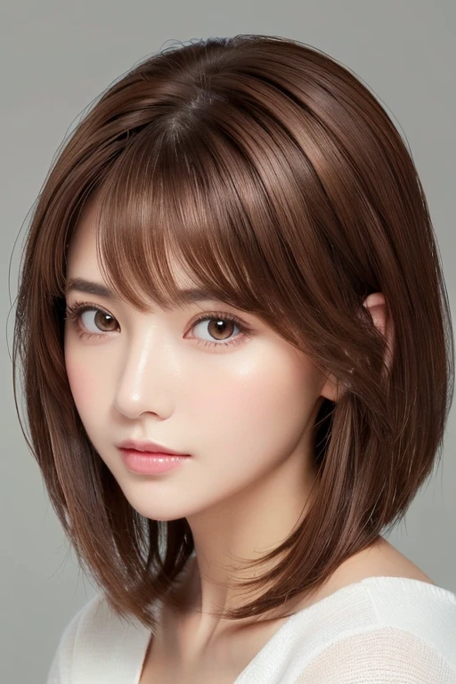 High-quality, ultra-realistic portraits。(She has a long face、It has a long vertical profile)。((The eyes are round at the corners、The corners of the eyes are long and narrow.、The nose is high and well-defined.、The tip is rounded。The lips are sharp both above and below.、The mountain has a clear shape))。The skin is transparent、Has a healthy glow。((Medium Hair、Brown Hair:1.6))。Makeup is natural、Thinly applied to enhance the skin's natural beauty。The lighting is soft and natural.、Accentuating facial features、Does not emphasize shadows。The background is simple and has a blurred gradient.、Focus on the face。