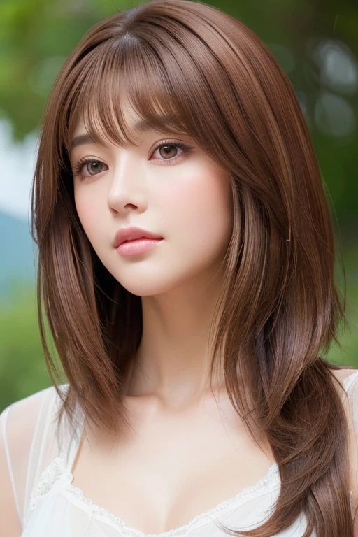 High-quality, ultra-realistic portraits。(She has a long face、It has a long vertical profile)。((The eyes are round at the corners、The corners of the eyes are long and narrow.、The nose is high and well-defined.、The tip is rounded。The lips are sharp both above and below.、The mountain has a clear shape))。The skin is transparent、Has a healthy glow。((Medium Hair、Brown Hair:1.6))。Makeup is natural、Thinly applied to enhance the skin&#39;s natural beauty。The lighting is soft and natural.、Accentuating facial features、Does not emphasize shadows。The background is simple and has a blurred gradient.、Focus on the face。