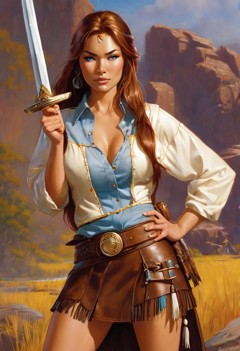 Cindy Starfire, warrior womanl, 20 years old, fair skin, solo, gold hair, light blue eyes, full body, cream shirt tucked in 6 inch broad brown belt around waist, and sleeves of shirt reaching to forearm, short dark brown tasselled leather skirt, thonged moccasins on feet.  sword at her right hip