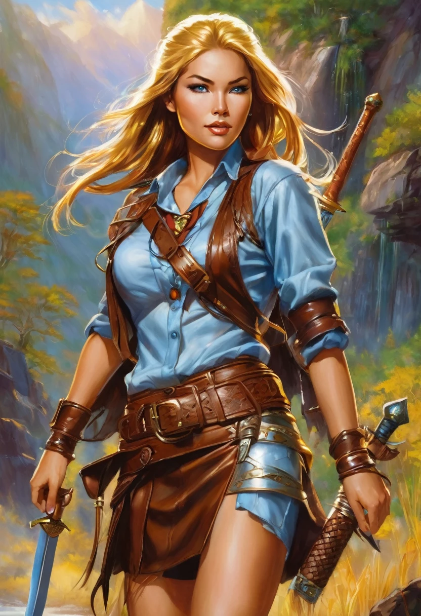 Cindy Starfire, warrior womanl, 20 years old, fair skin, solo, gold hair, light blue eyes, full body, cream shirt tucked in 6 inch broad brown belt around waist, and sleeves of shirt reaching to forearm, short dark brown tasselled leather skirt, thonged moccasins on feet. sword at her right hip