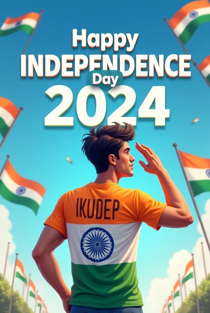 A young 20 age boy stand proudly under a clear blue sky, celebrating Independence Day on August 15th, 2024. He is wearing a vibrant tricolor T-shirt with his name "kuldep" printed on the back, along with a large image of the Ashoka Chakra. The sky above him features the words "Happy Independence Day 2024" in bold, festive letters. Indian flags are flying around him, and a sense of national pride fills the air as he salutes, symbolizing his love for the country.