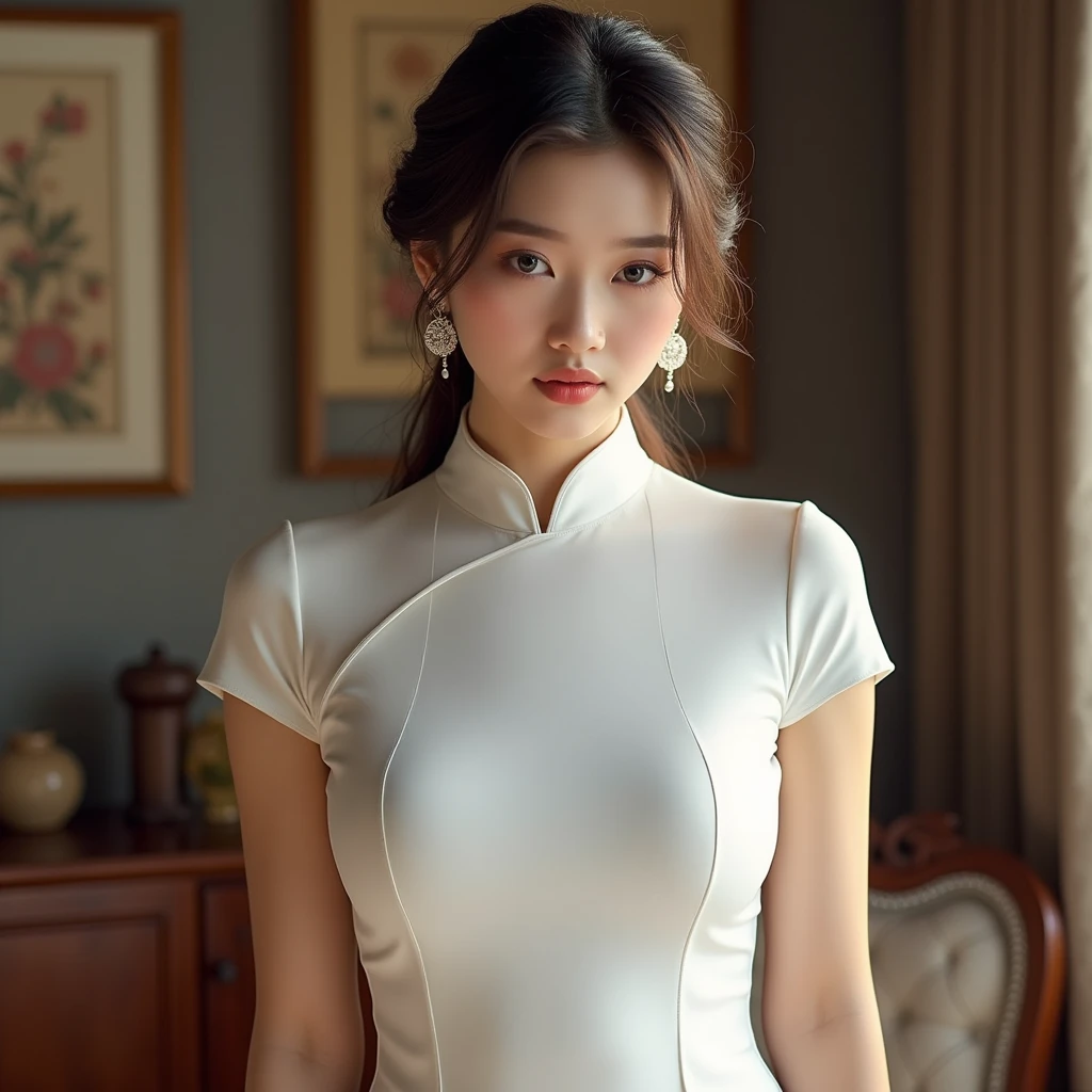 best quality, Ultra-high resolution, (Reality:1.4), girl, Wearing a white high-necked cheongsam, Cheongsam with covered chest，(Huge breasts:1.2), Huge breasts，Background Indoor