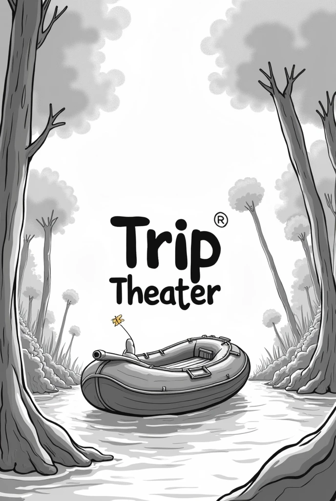 A raft-themed illustration as the background、A cute monochrome logo with the Trip Theater lettering in the center.